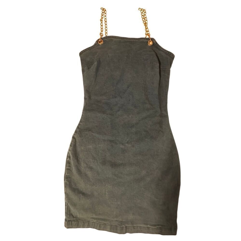 Derek Heart Women's Blue Gold Chain Strap Bodycon Denim Mini Dress Size Medium